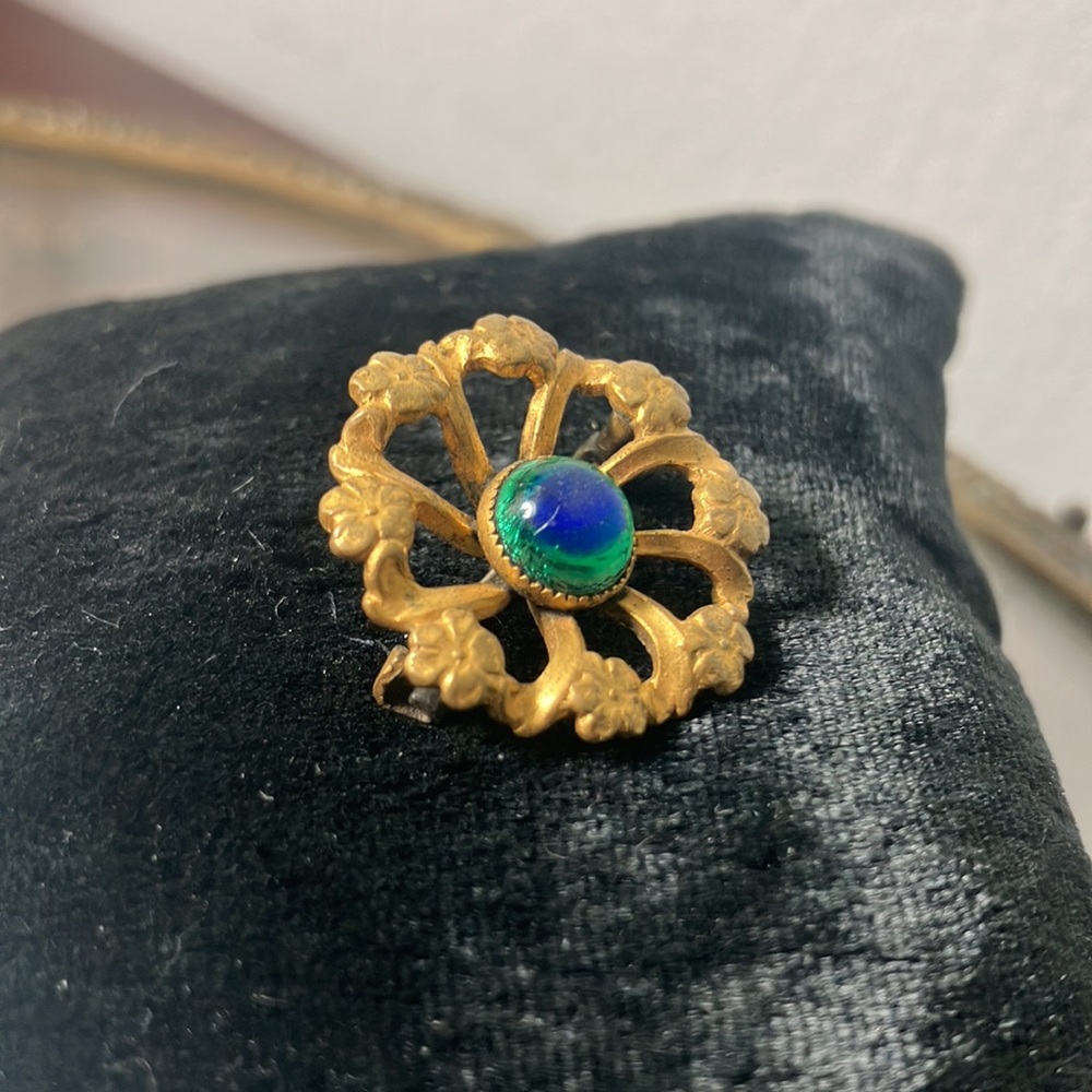 Antique Peacock Eye Glass Gold-filled Floral Circular Brooch late-1800s / 1900s - Picture 3 of 6